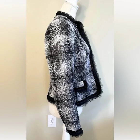 Cache' 6 Tweed Blazer Lined Clasp Closure Chiffon Trim Black White Silver Flat - Picture 4 of 11